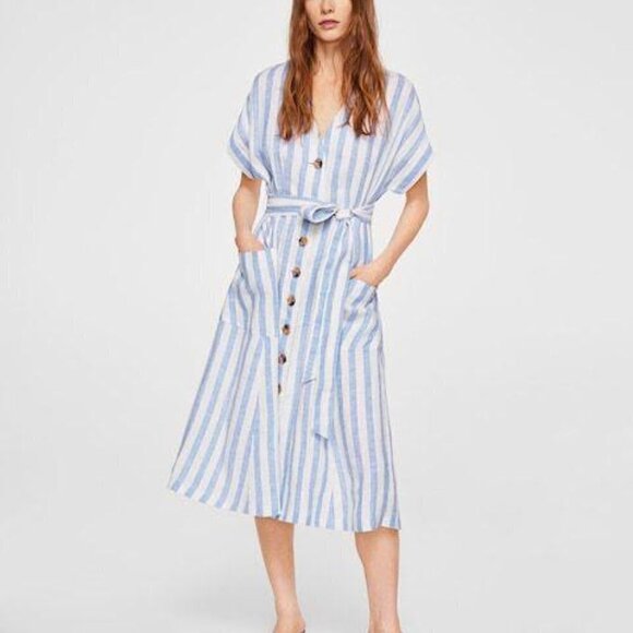Mango Women's Blue Striped Linen Dress button up.  Blogger favorite Sz S - Picture 2 of 10